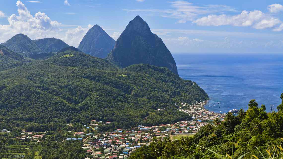 Aerial shot of bay at Soufriere and Pitons, St Lucia